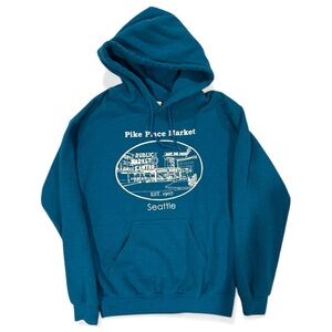 Pike Place Market Seattle Hoodie Blue Graphic Sweatshirt Unisex Size Small